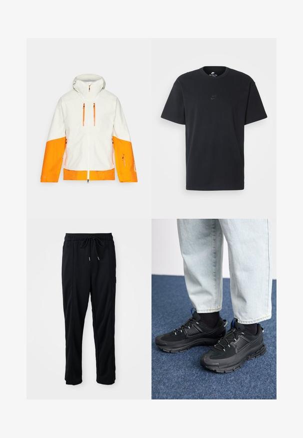 Casaco branco com detalhes em laranja, apresentando um capuz, bolsos com fecho éclair e um design bicolor nas mangas e no corpo para um visual audacioso.; T-shirt de algodão preto da Nike com um clássico decote redondo, mangas curtas e um logótipo em relevo discreto no peito. Textura suave.; Calças casuais pretas com cordão na cintura, com bolsos laterais e corte reto, sobre um fundo simples.; Sapatilhas desportivas pretas com tecido texturizado e solas em borracha, apresentando atacadores elásticos e um detalhe azul no calcanhar. Usadas com calças de ganga claras.