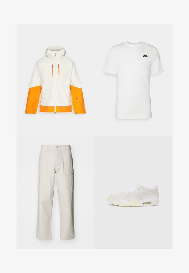 Jachetă albă cu accente portocalii, cu glugă, buzunare cu fermoar și un design bicolor pe mâneci și corp pentru un aspect îndrăzneț.; Tricou alb din bumbac cu mâneci scurte, decolteu rotund și un logo Nike negru în zona stângă a pieptului. Textură netedă și croială clasică.; Pantaloni wide-leg de culoare bej deschis, confecționați din bumbac. Dispun de buzunare frontale și închidere cu nasture. Textură netedă cu linii verticale subtile.; Adidași cu un upper sintetic de culoare bej deschis, șireturi albe și amortizare vizibilă. Prezentare a unei tălpi netede și accente subtile pe lateral.