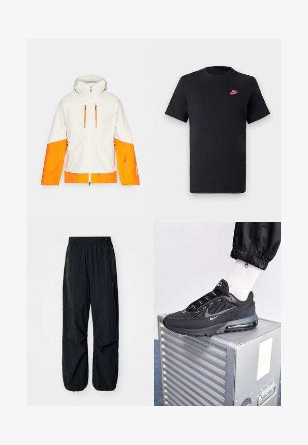Biała kurtka z pomarańczowymi akcentami, z kapturem, kieszeniami na zamek oraz dwukolorowym wzorem na rękawach i korpusie, nadająca odważny wygląd.; Czarna bawełniana koszulka z okrągłym dekoltem i krótkimi rękawami. Posiada różowe logo Nike na górnej lewej stronie. Gładka faktura.; Czarne, lekkie spodnie cargo z elastycznym pasem, bocznymi zamkami błyskawicznymi i pojemnymi kieszeniami. Charakteryzują się luźnym krojem i zwężanymi mankietami.; Nike Sportswear PULSE czarny