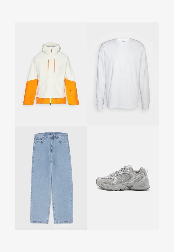 Biela bunda s oranžovými akcentmi, s kapucňou, zipsami a dvojtónovým dizajnom na rukávoch a tele pre odvážny vzhľad.; Biela dlhá bavlnená tričko s dlhým rukávom. Dizajn s okrúhlym výstrihom a rebrovanými manžetami, malá nášivka na ľavom rukáve. Hladká textura.; Svetlomodré denimové džínsy s rovnými nohavicami, s polovysokým pásom, piatimi vreckami a zapínaním na gombík a zips.; Strieborná športová obuv so štíhlym dizajnom, sieťovanými panelmi, polstrovaným jazykom, textúrovaným syntetickým zvrškom a gumovou podrážkou pre trakciu.