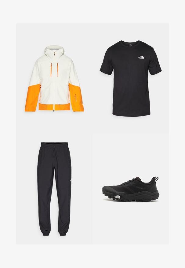 Balta striukė su oranžiniais akcentais, turinti gobtuvą, užtraukiamas kišenes ir dviejų tonų dizainą ant rankovių ir kūno, suteikianti drąsų įvaizdį.; Juodas trumpas rankovės marškinėliai, pagaminti iš medvilnės, su apvaliu kaklu ir mažu baltu logotipu viršutiniame kairiajame krūtinės kampe.; Juodos sportinės kelnės, pagamintos iš lengvos medžiagos, su raišteliu liemens srityje, šoniniais kišenėmis ir siaurėjantys apykaklės prie kulkšnies.; Juoda bėgimo batai su tekstūruotu paviršiumi, guma padais ir sustiprinta pirštų dalimi. Yra paminkštinta apykaklė ir kilpos, leidžiančios lengvai užsidėti.