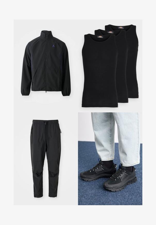 Melna vēja jaka, kas izgatavota no viegla materiāla. Aprīkota ar stāvošu apkakli, pilnu priekšējo rāvējslēdzēju un purpura akcentiem sānos.; Melni bezpiedkakla topi trīs komplektā. Ribota tekstūra, standarta apaļā izgriezumā, bez piedurknēm. Apakšmalā ir neliela zīmola logo.; Melnas vieglas bikses ar elastīgu jostu, auklu, ar rāvējslēdzēja sānu kabatām, izšūtām ceļgalām un potīšu rāvējslēdzējiem.; Melni sporta apavi ar strukturētu audumu un gumijas zoli, ar elastīgām auklām un zilu akcentu uz papēža. Nēsāti ar gaišām džinsu biksēm.
