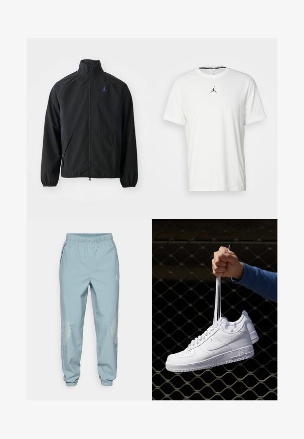 Fekete széldzseki, könnyű anyagból készült. Álló gallérral, teljes hosszúságú cipzárral rendelkezik, és lila díszítéssel a oldalán.; Fehér, rövid ujjú, pamut Póló, fekete Jumpman logóval a mellrészen és kerek nyakkivágással, fekete belső címkével.; Világoskék sportos jogger nadrág elasztikus derékkal, oldalsó zsebekkel és fényvisszaverő pöttyös díszítéssel az alsó lábrészen.; Fehér bőr sportcipők perforációval, kerek orral, lapos talppal és vastag fűzőkkel, látható swoosh logóval és "AIR" felirattal a sarokrészen.