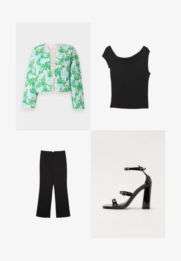 Zeleni jakna s pikčastim vzorcem v modri barvi, ki ima zavezovanje in široke sleve. Lahka tkanina s kontrastnim kremnim robom.; Črna kratka majica s kratkimi rokavi iz gladkega blaga; ima drapiran izrez in asimetrično spodnjo rob, s prilegnjenim telesom.; Črne hlače ravnega kroja z naglavnimi žepi in stranskimi razporki na robu. Narejene iz mehke, gladke tkanine. Primerne za različne priložnosti.; Črne lakirane sandale s peto, kvadratnim prstom, trakovi okrog gležnja in srebrnimi zaponkami. Opremljene so s stabilno Debelo peto.