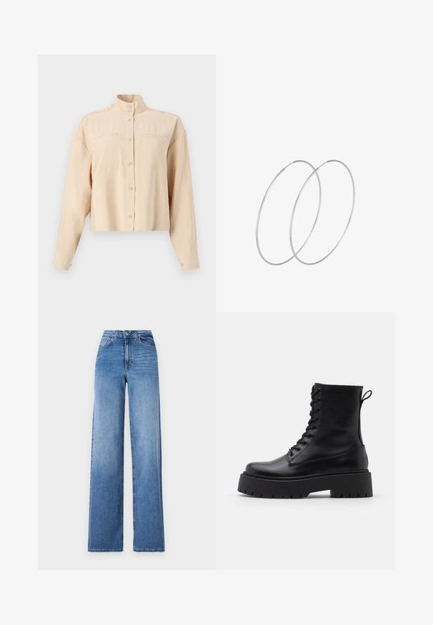 Beige, cropped button-up shirt with a high collar, two chest pockets, long sleeves, smooth texture, and round buttons.; Vero Moda VMNEWCREAM FUNNELNECK PULLOVER - Jumper - black/birch; Light blue wide-leg jeans made of denim, featuring a high waist, front pockets, and a standard button closure. Smooth texture.; Black leather ankle boots with a round toe, lace-up front, and a thick rubber sole featuring a textured tread. Pull tab at the back.; Silver hoop earrings with a minimalist design. Circular shape, smooth texture, and thin profile. Lightweight with a polished finish.