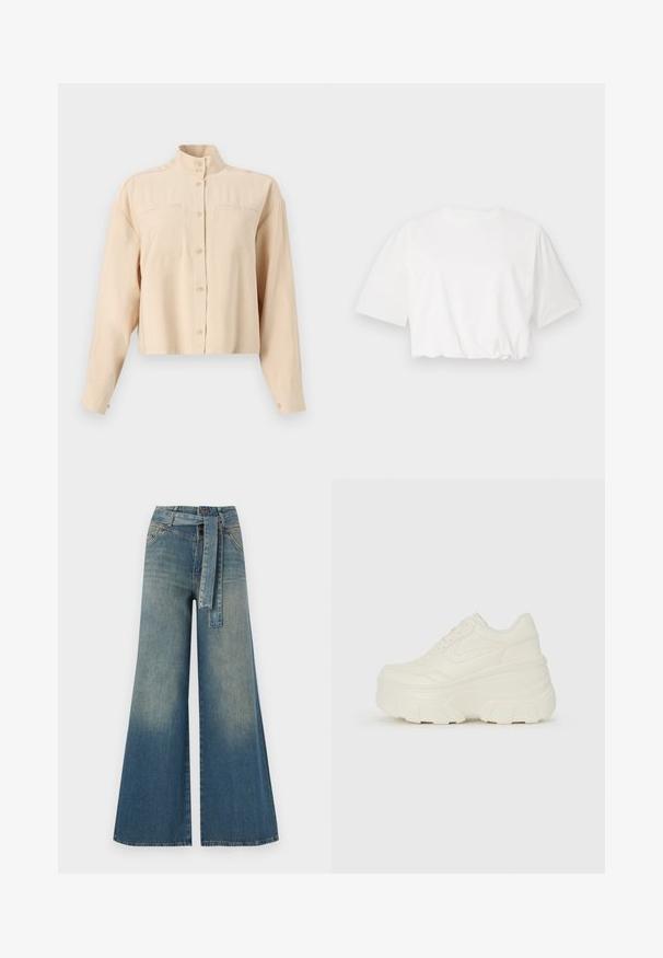 Beige, rövidített gombos ing magas gallérral, két mellzsebbel, hosszú ujjakkal, sima textúrával és kerek gombokkal.; Fehér, rövid puff ujjú, környakú, és ráncolt alsó szélű, rövid fazonú póló, puha pamut anyagból.; Bőszárú farmernadrág, világos és sötétkék árnyalatokkal, magas derekú, övgyűrűkkel és a nadrággal megegyező anyagú övvel. Textúrált farmer kivitel.; Fehér platform sportcipők, sima bőrszerű felsőrésszel, kerek formával, párnázott bokával és texturált gumitalppal, jól definiált mintázattal.