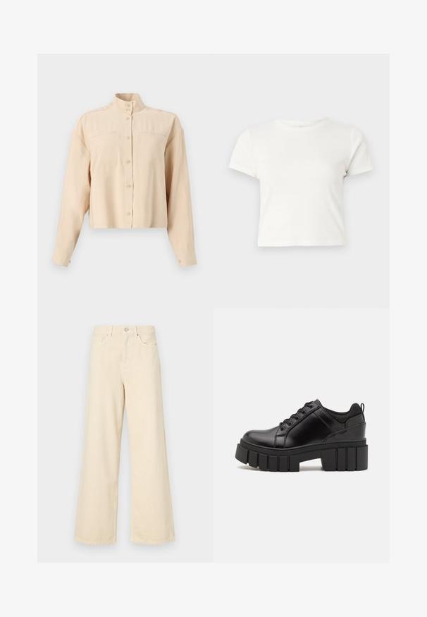Bežna, skrajšana srajca s gumbi in visokim ovratnikom, dvema žepoma na prsih, dolgimi rokavi, gladko teksturo in okroglimi gumbki.; Kratka bela majica iz bombaža s kratkimi rokavi, okroglim ovratnikom in ravnim robom, ki ima gladko teksturo in minimalističen dizajn.; Bež jeans širokega kroja iz bombaža. Imajo gumbno zapiranje, zanke za pas in sprednje žepe ter gladko, mehko teksturo.; Črne usnjene platforme z debelim blokastim petam, okroglo konico in klasičnim vezanjem. Imajo gladko teksturo in minimalne podrobnosti.