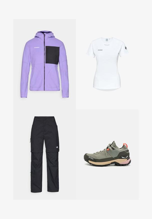 Fioletowa polarowa kurtka z czarną kieszenią na piersi, pełnym zamkiem błyskawicznym i kapturem. Posiada kontrastowe szwy oraz logo na lewym ramieniu.; Koszulka sportowa z krótkim rękawem w kolorze białym, z okrągłym dekoltem, z logo na piersi i gładką, lekką teksturą materiału.; Czarne nylonowe spodnie cargo z odpinanymi nogawkami, regulowanymi mankietami, wieloma kieszeniami oraz logo na prawej nogawce. Gładka, lekka tekstura.; Lekkie zielone buty trekkingowe z siateczkowymi i gumowymi materiałami, czarną podeszwą zapewniającą przyczepność, różowymi i pomarańczowymi akcentami oraz wzmocnionym czubkiem.