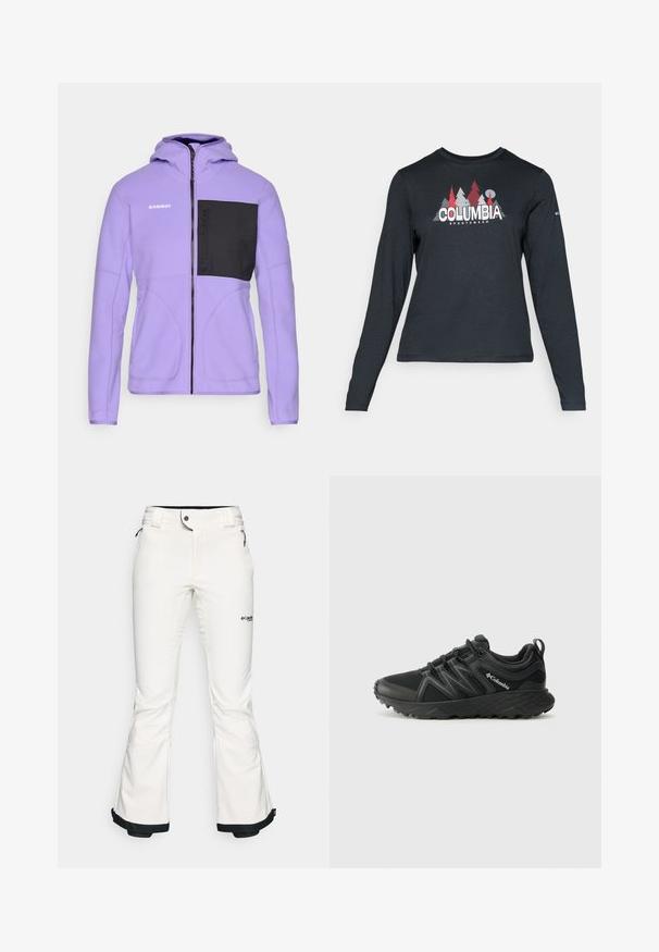 Fioletowa polarowa kurtka z czarną kieszenią na piersi, pełnym zamkiem błyskawicznym i kapturem. Posiada kontrastowe szwy oraz logo na lewym ramieniu.; Długie rękawy, ciemnoszara koszula z grafiką czerwonych drzew i gór; logo "COLUMBIA" w wyraźnym białym tekście. Miękka tkanina, standardowy okrągły dekolt.; Białe spodnie narciarskie wykonane z miękkiego, elastycznego materiału. Posiadają dopasowaną talię, szerokie nogawki w kształcie dzwonów oraz czarne wykończenia na mankietach. Widoczne logo marki.; Columbia PEAKFREAK czarny