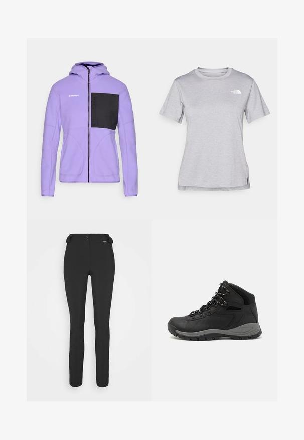 Violet vilnos striukė su juodu krūtiniu, visiškai užtraukiama, su gobtuvu. Savybės - kontrastingi siūlai ir prekės ženklas kairiajame petyje.; Pilkas trumpomis rankovėmis marškinėliai, pagaminti iš minkštos, drėgmę sugeriančios medžiagos. Turi apvalią iškirptę ir mažą baltą logotipą viršutiniame kairiajame kampe.; Juodos, prigludusios kelnės, pagamintos iš lankstaus medžiagos. Ypatybės: šoninis kišenės užtrauktuku, suformuotos kelių sritys ir lygi tekstūra.; Juodas žygio botas su vidutinio aukščio dizainu, pasižymintis tekstūruota viršutine dalimi, pilkų akcentų ir patvaria guma padanga su sukibimo gumbais.