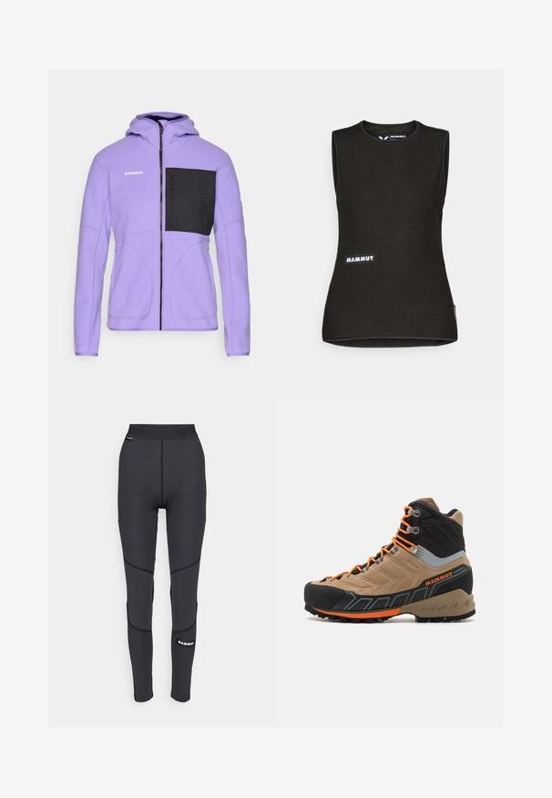 Lilla fliisitakiga musta rinnaesisega, täispikkade lukuga ja kapuutsiga. Omab kontrastseid õmblusi ja brändingut vasakul õlal.; Mustat ilmaäratavad särk ilma varrukateta, millel on tekstuuriga muster, ümmargune kaelus ja esiküljel "MAMMUT" logo. Valmistatud hingavast materjalist.; Mustad must võistlusleggingsid tekstureeritud paneelidega ja tugevdatud õmblustega, brändi logoga ja laia elastse vöökohtaga.; Bež ja must kõrge varbaga matkasaapad oranži paeltega, kummist varbakattega, tekstuuriga ülaservaga ja robustse tallaga. Omab tugevdatud pahkluutoetust.
