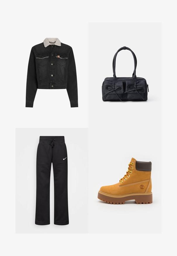Černá denimová bunda s ovčími límci, předním zapínáním na knoflíky, dvěma náprsními kapsami a zkráceným střihem. Obsahuje jemné detaily prošívání.; Černá mikina s kapucí vyrobená z měkkého materiálu, s bílým potiskem textu a vzorů, a zdobným detailem na rukávech.; Černé tepláky vyrobené z bavlněné směsi, s elastickým páskem na šňůrku, rovnými nohavicemi a bílým logem Nike na levé straně.; Hnědé voděodolné kotníkové boty s pevnou gumovou podrážkou, kulatou špičkou, hnědým koženým límcem, žlutými tkaničkami a logem na boku.; Černá látková kabelka se dvěma předními kapsami s detaily mašle, dvojitými uchy a zipovým uzávěrem. Měkká textura a obdélníkový tvar.