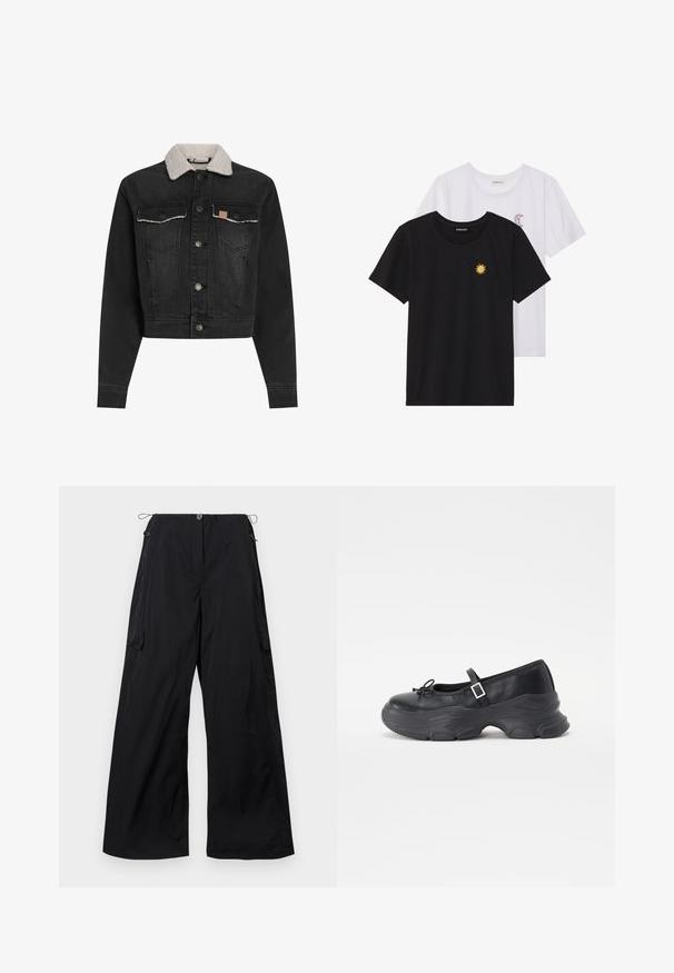Chaqueta de mezclilla negra con un cuello de borreguito, cierre frontal de botones, dos bolsillos en el pecho y un diseño corto. Presenta detalles de costura sutiles.; Camisetas en blanco y negro, de cuello redondo y mangas cortas. La camiseta negra presenta un bordado de sol amarillo; la blanca tiene un detalle de luna creciente en púrpura.; Pantalones negros de pierna ancha hechos de tejido ligero, con botón en la parte delantera, cinturilla con cordón y detalle de bolsillo lateral tipo cargo.; Zapato Mary Jane de cuero negro con punta redondeada, detalle de lazo y correa ajustable en el tobillo. Presenta una suela de goma gruesa con acentos curvados.