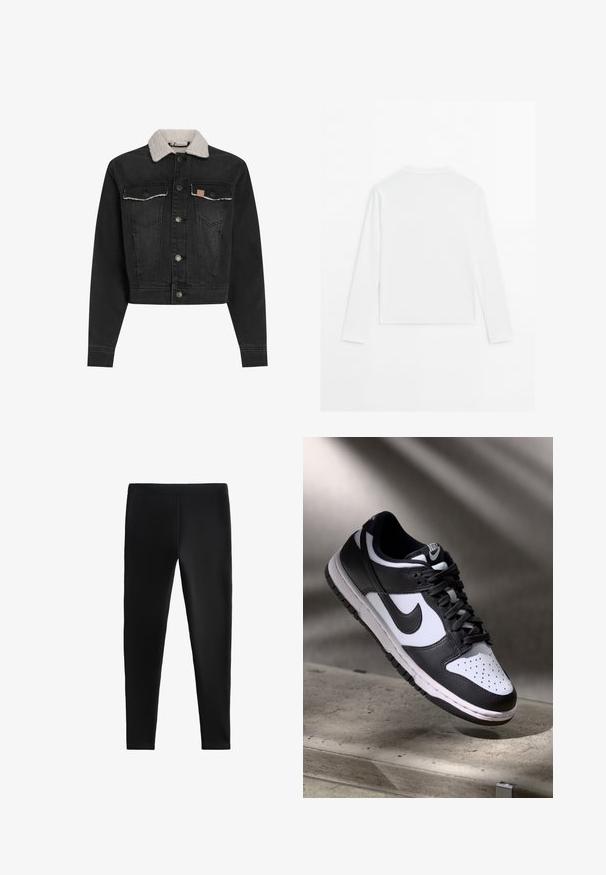 Black denim jacket with a shearling collar, front button closure, two chest pockets, and a cropped design. Features subtle stitching details.; Plain white long-sleeve shirt, crew neck, shown from the back, laid flat on a white background.; Black leggings made of stretchy fabric, featuring a fitted design with no visible seams or pockets, suitable for various activities.; Black and white Nike Dunk Low sneaker with leather upper, perforated toe box, and black laces, featuring a white sole and logo accents.
