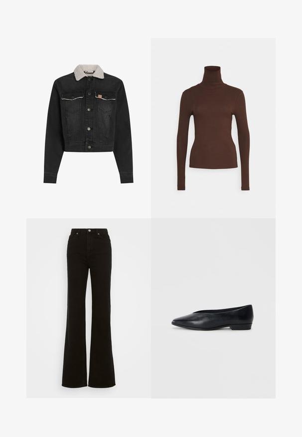 Sort denimjakke med shearlingkrave, frontlukning med knapper, to brystlommer og cropped design. Har subtile stikninger.; Pieces PCKITTE ROLLNECK - Langærmet T-shirt - chicory coffee; Høj talje sorte flare jeans lavet af denim, med knaplukning, sidelommer og en glat tekstur.; Sorte læder flade sko med spids tå, let hævet hæl og glat overflade. Simpelt design uden synligt hardware eller mønstre.