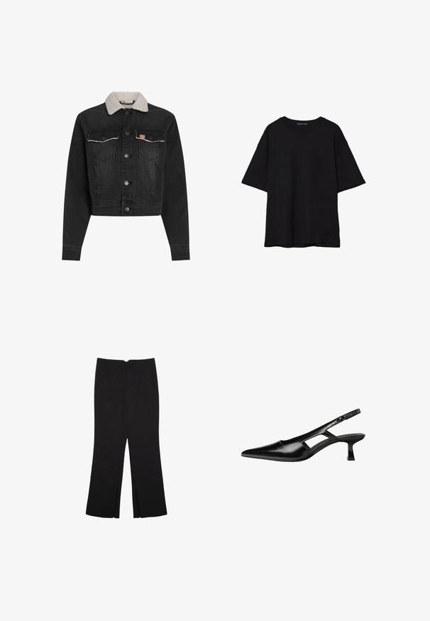Giacca di denim nera con colletto in pelliccia, chiusura anteriore con bottoni, due tasche sul petto e design corto. Presenta dettagli di cucitura sottili.; T-shirt in cotone nero con vestibilità rilassata, maniche corte, scollatura arrotondata e una texture liscia. Nessuna trama o accento visibile.; Pantaloni neri a gamba dritta, con tasche frontali e spacchi laterali all'orlo. Realizzati in tessuto morbido e liscio. Adatti a diverse occasioni.; Tacchi slingback in pelle verniciata nera con punta affusolata, design con tagli laterali e tacco quadrato piccolo. Texture liscia con dettagli minimi.