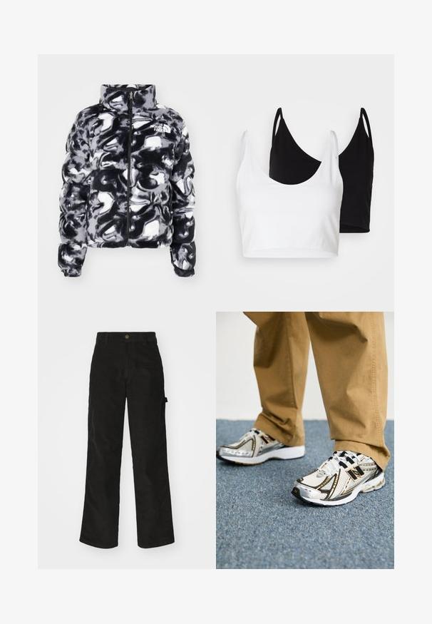 The North Face NUPTSE czarny; Dwa bawełniane topy w kolorze białym i czarnym. Każdy z nich ma głęboki dekolt i cienkie ramiączka, charakteryzujące się gładką, miękką teksturą.; Czarne spodnie z kordurowej tkaniny o prostym kroju nogawki, z zapięciem na guzik i boczną kieszenią. Gładka tekstura z delikatnymi pionowymi paskami.; Białe i srebrne sneakersy New Balance z czarnymi akcentami i sznurówkami, z siateczkową cholewką, amortyzowaną podeszwą i dynamicznym wzornictwem.