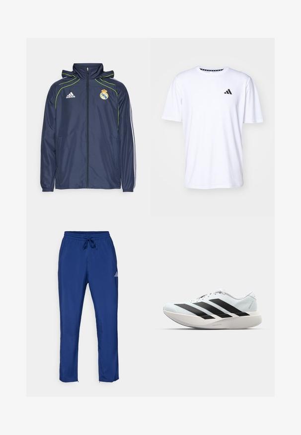 Jachetă tip windbreaker de marină, cu accente verzi, cu fermoar în față, glugă și buzunare laterale. Prezintă logo-ul Adidas și emblema Real Madrid pe piept.; Tricou alb cu mânecă scurtă dintr-un material cu o textură netedă. Dispune de un logo negru adidas pe pieptul stâng și un guler cu un model.; Pantaloni de sport bleu marin cu talie elastică și șnur de ajustare. Prezintă un logo subtil pe lateral și deschideri cu fermoar la glezne.; Pantofi de alergare ușori în albastru deschis cu dungi negre. Au un superior neted, vârf rotund și o intermediară groasă albă etichetată "LIGHTSTRIKE PRO."