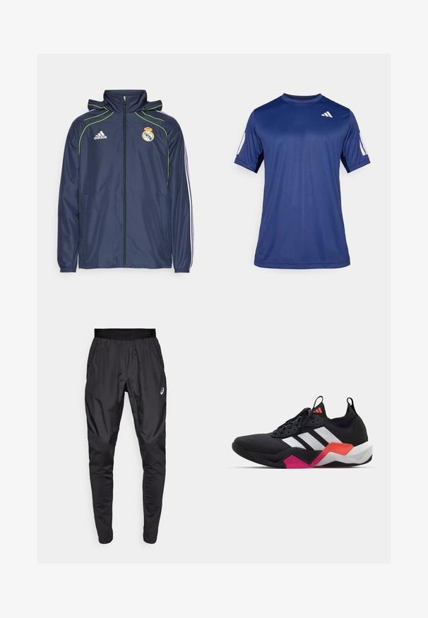 Námornícky vetrovka s zelenými akcentmi, s predným zipsom, kapucňou a bočnými vreckami. Obsahuje logo Adidas a emblém Real Madrid na hrudi.; Námornícky modrá športová košeľa s krátkym rukávom vyrobená z hladkej tkaniny, s okrúhlym výstrihom a bielym logom umiestneným na hornej ľavej strane hrude.; Čierne športové nohavice s elastickým pásom, bočnými vreckami a kontrastnými textúrovanými panelmi na nohách. Logo Asics na boku.; Čierne športové topánky s bielymi pruhmi, textúrovaný zvršok a masívna podrážka s oranžovými, ružovými a bielymi detailmi. Šnurovací dizajn s pútkom.