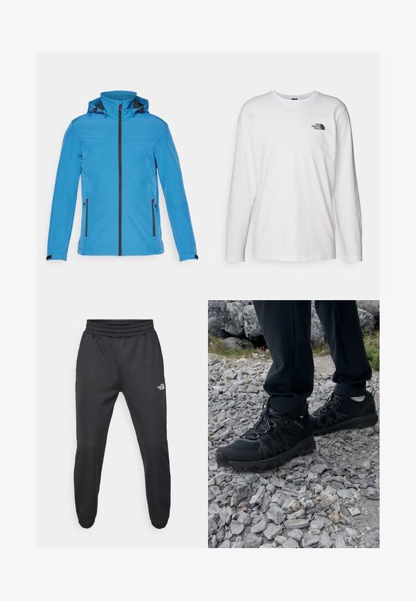 Blauwe hooded softshell jas met zwarte rits aan de voorkant, ritszakken aan de zijkanten en verstelbare manchetten op een witte achtergrond.; Witte lange mouwen T-shirt gemaakt van katoen met een ronde hals. Beschikt over een klein zwart logo op de borst. Soepele textuur, normale pasvorm.; Zwarte sweatpants met een trekkoord in de taille, tapered fit, elastische boorden en een klein wit logo op de linker dij, gemaakt van gladde stof.; Zwarte buitenschoenen van mesh en synthetisch materiaal, met een gestructureerd bovenwerk, een beveiligd vetersysteem en een robuuste zool, op een ruig terrein.