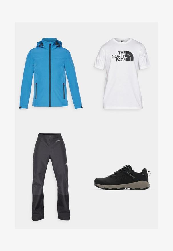 Blauwe hooded softshell jas met zwarte rits aan de voorkant, ritszakken aan de zijkanten en verstelbare manchetten op een witte achtergrond.; Witte katoenen t-shirt met een zwart graphic print met tekst en een gebogen logo-ontwerp. Ronde halslijn en korte mouwen. Effen textuur.; Zwarte waterdichte broek met een gladde textuur, voorzien van een GORE-TEX-logo op de voorkant en verstevigde onderbenen voor duurzaamheid.; Zwarte wandelschoen met een soepele bovenkant, geperforeerd ontwerp, grijze buitenzool en versterkte hiel. Voorzien van veters en een trekriem voor gemakkelijk aan- en uittrekken.