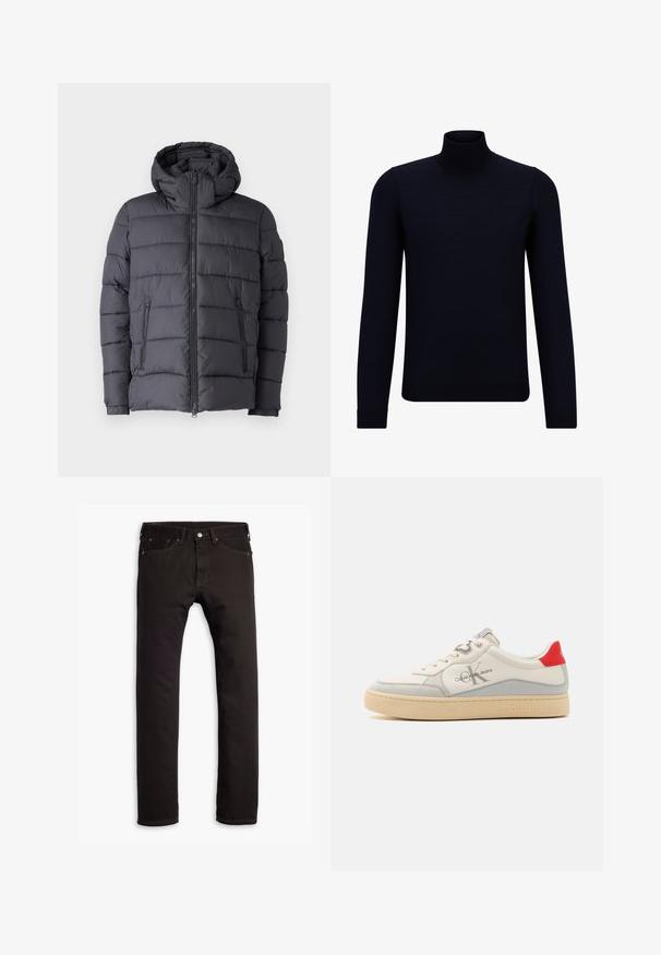 Puffer jacket in dark gray with a hood, featuring a quilted design, zippered front, and two side pockets. Soft, textured fabric.; Dark navy turtleneck sweater made of fine knit fabric, featuring long sleeves and a fitted, high neckline. No visible patterns or accents.; Black slim-fit jeans with five pockets and button closure, displayed flat on a white background.; White leather sneaker with gray accents, red heel, beige sole, and logo detail on the side. Round toe and lace-up closure.