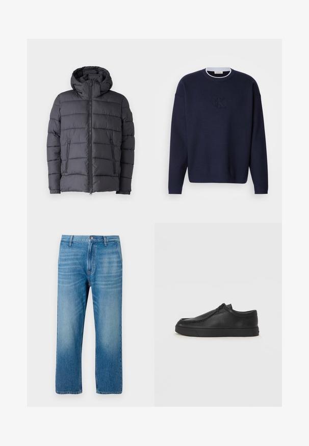 Tumši pelēks pūkains jaka ar kapuci, ar quilted dizainu, ar rāvējslēdzēju priekšā un divām sānu kabatām. Mīksts, strukturēts audums.; Tums zila adīta džemperis ar apaļu kaklu, ribotu apkakli un diskretīgu izšuvumu "ck" logotipu priekšpusē. Garas piedurknes, brīvs piegriezums.; Gai zila denim bikses ar taisnu piegriezumu, piecu kabatu dizainu, pogu aizdari un vieglu izbalējumu priekšpusē. Nav redzamu rakstu.; Melnas ādas slip-on kurpes ar noapaļotu purngalu, šūšanas detaļām un melnu gumijas zoli. Gluda tekstūra ar minimālistisku dizainu.