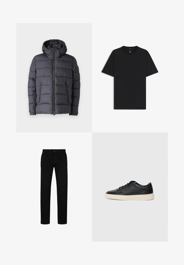 Dunkelgraue Pufferjacke mit Kapuze, ausgestattet mit einem gesteppte Design, Reißverschluss vorne und zwei seitlichen Taschen. Weicher, strukturierten Stoff.; Schwarz T-Shirt mit kurzen Ärmeln aus einem glatten Baumwollmix, mit Rundhalsausschnitt und einem minimalistischen Design ohne Muster oder Akzente.; Schwarze Baumwollhosen mit geradem Schnitt, featuring einen Knopfverschluss, Gürtelschlaufen und minimalistischem Design. Glatte Textur, ohne Muster.; Schwarzer niedriger Ledersneaker mit schwarzen Schnürsenkeln und cremefarbenem Sohlenrand, seitlich auf weißem Hintergrund dargestellt.