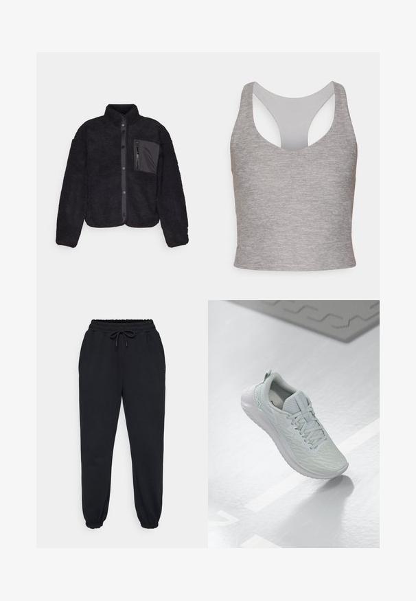 Jachetă neagră din fleece cu o suprafață texturată, nasturi cu pressionare, guler în picioare și un buzunar pe piept cu fermoar dintr-un material contrastant.; Top gri fără mâneci, scurt, cu un guler rotund larg și un spate decupat. Confecționat dintr-un material moale, elastic, cu o textură netedă.; Pantaloni de trening negri, confectionați dintr-un material moale, având un brâu elastic cu șnur, buzunare laterale și manșete elastice la gleznă.; Shoe sportiv gri deschis, cu superior din plasă texturată, design cu șireturi, talpă cu amortizare și detalii minime de branding.