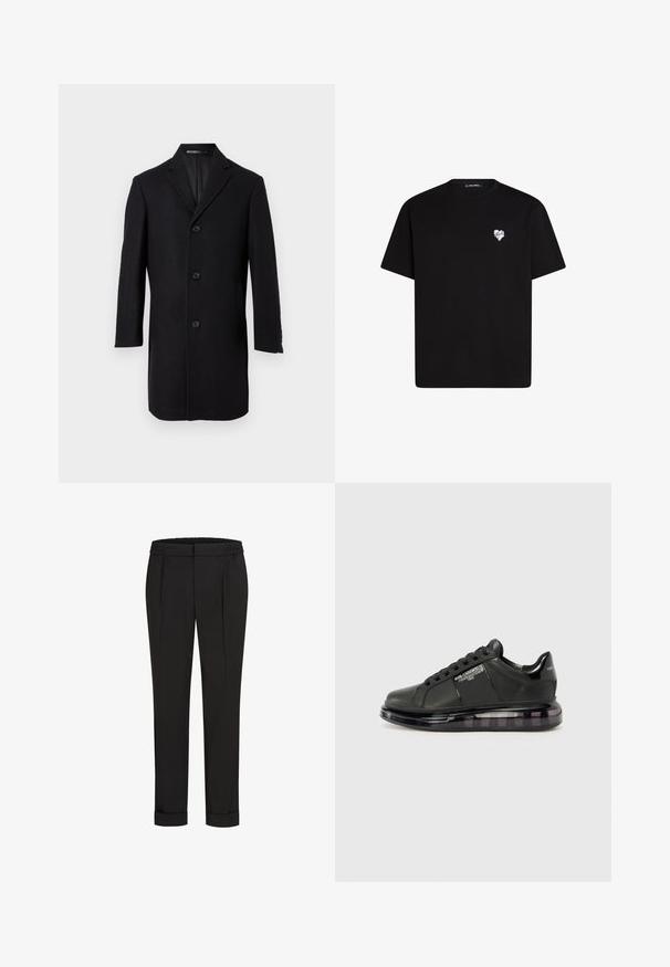 Must üleülikond kolme eest nupuga, sälgute klappidega, pikkade varrukatega ja kahe küljetaskuga valge taustaga.; Mustvalg mustast puuvillast t-särk lühikeste varrukatega, ümar kaelus ja väike valge südame graafika vasakul rinnal.; Mustad püksid elastse vöökohtaga, sirge jala kujundusega ja üles keeratud äärtega. Valmistatud siledast, kudumisega kangast, ilma mustriteta.; Must mustad musta nahast ülemise osaga, ümarate varvaste ja paeltega disainiga. Omab läbipaistvat, pehmendatud tallat, millel on tume gradient.