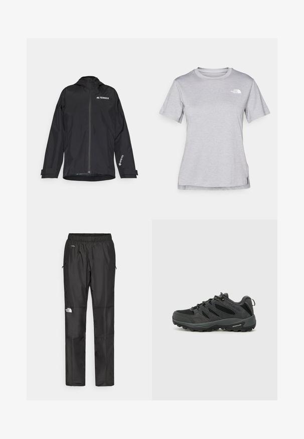 Giacca nera impermeabile con chiusura a zip frontale, cappuccio e polsini regolabili. Presenta accenti del logo bianco e un rivestimento interno texturizzato.; T-shirt grigio a maniche corte realizzato in morbido tessuto traspirante. Presenta un collo tondo e un piccolo logo bianco nella parte superiore sinistra.; Pantaloni impermeabili neri realizzati in tessuto leggero, dotati di cintura elastica, tasche laterali e un logo sulla gamba sinistra.; Columbia REDMOND - Scarpa da hiking - black/citron haze