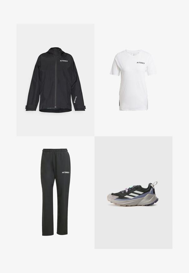 Schwarze wasserdichte Jacke mit einem Reißverschluss vorne, Kapuze und verstellbaren Manschetten. Mit weißen Logoakzenten und einem strukturierten Innenfutter.; Weißes Sport-T-Shirt mit kurzen Ärmeln, Netzseitenpaneelen und schwarzem "TERREX"-Logo auf der Vorderseite. Glatte Textur, reguläre Passform.; Schwarze, leichte Hose mit einem elastischen Bund. Besitzt ein dezentes, weißes "TERREX"-Logo. Hergestellt aus glattem Material mit geradem Bein.; Schwarzer Sportschuh mit Gore-Tex-Obermaterial, weißen Streifen, lila Akzenten, dicker grauer Zwischensohle und strukturiertem grauen Außensohle für besseren Halt.