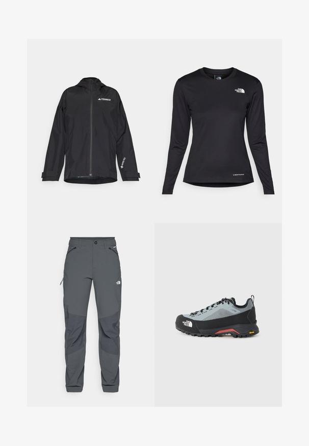 Juodas vandeniui atsparus džemperis su užtrauktuku, kapu ir reguliuojamais rankogaliais. Pabrėžia baltus logotipo akcentus ir tekstūruotą vidinę pamušalą.; The North Face SHADOW LONG SLEEVE - Ilgarankovis viršutinės dalies drabužis - black; Tamsiai pilkos lauko kelnės su sustiprintomis kelio kišenėmis, užtrauktukais šoninėse ir priekinėse kišenėse, mygtuko uždarymu ir The North Face logotipu ant šlaunies.; Pilkos ir juodos žygio bateliai su Gore-Tex viršutine dalimi, sustiprinta nosine ir Vibram padu, su juodomis raištelėmis ir kilpele ant kulno.