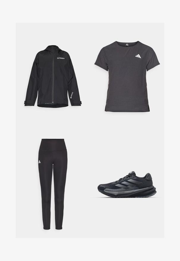 Schwarze wasserdichte Jacke mit einem Reißverschluss vorne, Kapuze und verstellbaren Manschetten. Mit weißen Logoakzenten und einem strukturierten Innenfutter.; Kurze Ärmel Sport-T-Shirt, dunkelgrau mit durchbrochener Textur. Enthält ein weißes Logo und kontrastierende Seitenstreifen. Runder Ausschnitt.; Schwarze hochgeschnittene Leggings aus dehnbarem Stoff. Mit einem weißen Logo auf der linken Seite und einem eleganten, nahtlosen Design. Glatte Textur.; Schwarzer Sportschuh mit einem strukturierten Mesh-Obermaterial, reflektierenden Akzenten, gepolsteter Sohle und einem schlanken Design. Enthält ein Logo mit drei Streifen.