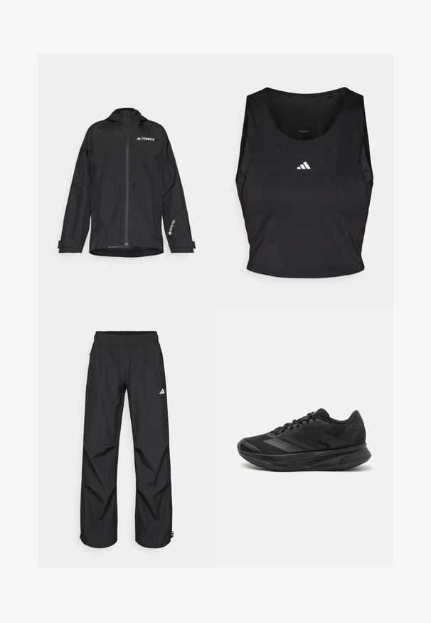 Giacca nera impermeabile con chiusura a zip frontale, cappuccio e polsini regolabili. Presenta accenti del logo bianco e un rivestimento interno texturizzato.; Crop top sportivo nero realizzato in tessuto traspirante, con collo rotondo, senza maniche e logo bianco sul petto.; Pantaloni neri, leggeri, impermeabili, con vita elasticizzata, tasche laterali e polsini regolabili. Presentano un logo bianco sulla coscia sinistra.; Scarpa da corsa nera con tomaia in rete traspirante, punta rotonda, design elegante, dettagli testurizzati e suola ammortizzata per il comfort.