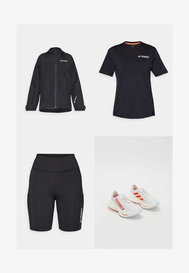 Czarna wodoodporna kurtka z zamkiem, kapturem i regulowanymi mankietami. Posiada białe akcenty logo oraz strukturalne wewnętrzne wykończenie.; Czarna koszulka krótki rękaw z okrągłym dekoltem, z subtelną teksturą melanżową i białym logo "TERREX" po lewej stronie na górze.; Czarne szorty sportowe wykonane z elastycznego materiału, z wysokim stanem, kieszeniami bocznymi oraz białym logo na jednej nodze.; Białe buty do biegania z pomarańczowymi akcentami. Materiał siateczkowy, zaokrąglony czubek i gruba podeszwa. Na bocznej stronie nadruk 'TERREX' oraz trzy paski na pięcie.