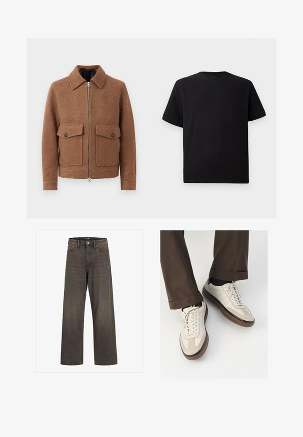 Rjava jakna iz volnene mešanice z ovratnikom, sprednjim zadrgo in dvema žepoma s zamaški na gumb. Preprosta, teksturirana zasnova.; Črna kratka majica s kratkimi rokavi, izdelana iz teksturirane tkanine, z okroglim izrezom in sproščenim krojem. Preprosta, brez vzorcev ali dodatkov.; Široke hlače iz temno sive denim tkanine, s wysokim pasom, klasičnim pet-pocket dizajnom in kontrastnim šivom ob šivih.; Bež teniske z teksturiranim prednjim delom iz usnja, gladkimi kožnimi stranicami in rjavo gumijasto podplatom. Vključene vezalke in svetla šivana detajla.