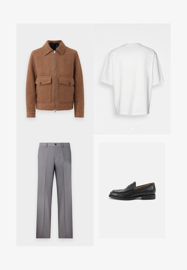 Brown wool blend jacket with a collared neckline, front zipper, and two patch pockets with button closures. Simple, textured design.; White short-sleeve t-shirt, loose fit, round neckline, smooth cotton fabric, unembellished back, straight hemline, no patterns or accents.; Gray tailored trousers with a flat front, two side pockets, and a single button closure. Smooth texture with a subtle pinstripe pattern.; Black leather loafers with a smooth finish, rounded toe, and decorative stitching on the vamp. Low stacked heel and slight shine.