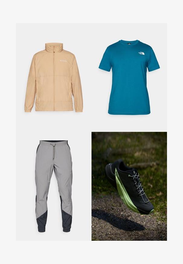 Vaaleanbeige paksu takki, jossa on korkea kaulus ja etuvetoketju. Sisältää huomaamattoman Columbia-logon ja joustavat hihansuut. Sileä pinta.; Teal lyhythihainen t-paita, joka on valmistettu pehmeästä puuvillasta. Paidassa on valkoinen logo tulostettuna vasemmassa rinnassa ja klassinen pyöreä kaula-aukko.; Kevyet, harmaat urheiluhousut mustilla yksityiskohdilla. Joustava vyötärö, nyöri sulkeminen, kapeat lahkeet ja sivutaskut.; Mustat juoksukengät, joissa on teksturoitu pinta ja vihreät yksityiskohdat. Ominaisuuksiin kuuluu kevyt rakenne ja ainutlaatuinen, kuviollinen pohja pitävyyttä varten.