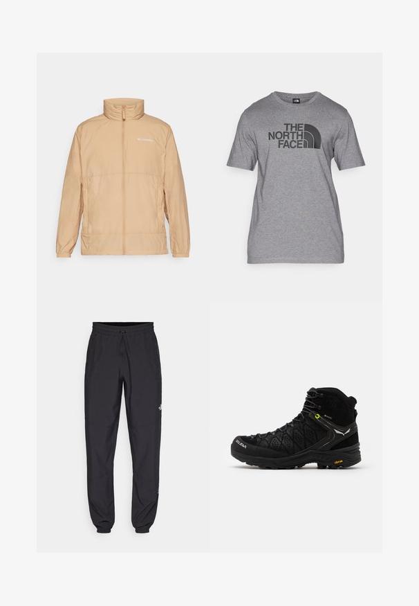 Giacca imbottita beige chiaro con colletto alto e zip frontale. Presenta un discreto logo Columbia e polsini elastici. Texture liscia.; T-shirt grigio a maniche corte in misto cotone, con una stampa grafica nera di "THE NORTH FACE" e un dettaglio del logo curvo sulla parte anteriore.; Pantaloni sportivi neri realizzati in tessuto leggero, con vita regolabile con cordino, tasche laterali e orli affusolati alle caviglie.; Stivale da escursionismo nero con parte superiore testurizzata, punta rinforzata e suola Vibram. Il sistema di allacciatura comprende ganci per una vestibilità sicura.