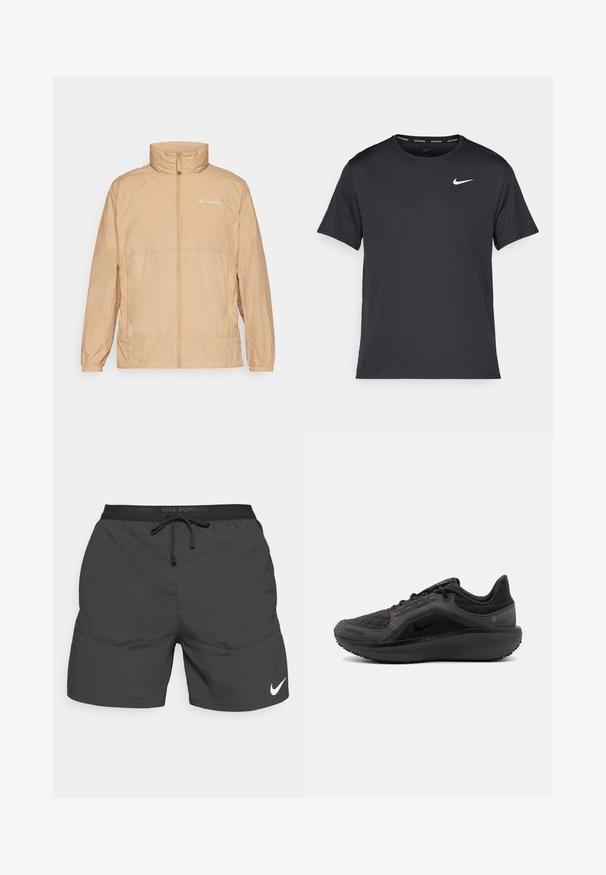 Světlé béžové oteplovací sako s vysokým límcem a předním zipem. Obsahuje decentní logo Columbia a elastické manžety. Hladká textury.; Černé běžecké tričko Nike vyrobené z lehkého a prodyšného materiálu, s krátkými rukávy a malým bílým logem na hrudi.; Černé běžecké šortky s elastickým pasem, stahovací šňůrkou, bočními kapsami a bílým logem Nike na dolní levé noze.; Černá sportovní bota s texturovaným prošívaným svrškem, elegantním designem a černou gumovou podrážkou. Obsahuje viditelné logo a značku Gore-Tex.