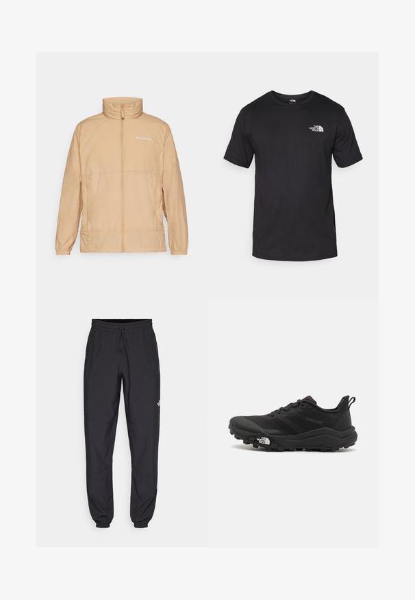 Lys beige puffy jakke med høj krave og frontlynlås. Har et diskret Columbia-logo og elastiske manchetter. Glat tekstur.; Sort kortærmet t-shirt lavet af bomuld, med rund halsudskæring og et lille hvidt logo på den øverste venstre brystområde.; Sorte atletiske bukser lavet af letvægtsstof, med en snor i taljen, sidelommer og tapered manchetter ved anklerne.; Sort trail løbesko med en struktureret overdel, gummisål og forstærket tåhætte. Har en polstret krave og en pull-tab til nem påtagning.