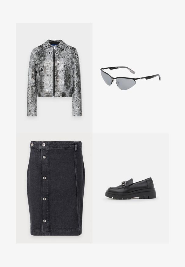 Jaqueta em imitação de pele com padrão de pele de cobra, nas cores preta e prata, com um design curto e fecho frontal, e gola de camisa. Mangas longas e sem detalhes de hardware visíveis.; T-shirt de algodão branco com mangas curtas, gola canelada preta e logótipo em texto preto no ombro esquerdo. Corte clássico, textura suave.; Saia de ganga escura com corte reto, botões de pressão prateados na frente e detalhes de costura subtis ao longo das costuras.; Shoe preto estilo loafer com sola de plataforma robusta, parte superior em couro liso, detalhe decorativo em corrente e um leve salto com detalhe escavado.; Óculos de sol pretos com um design angular de gato. Lentes espelhadas prateadas. Armações de plástico finas e leves com uma marcação discreta nas hastes.