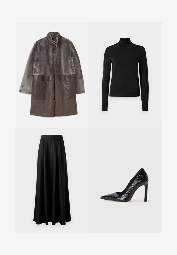 Smeđi umjetni krzneni i kožni sako s patentnim zatvaračem, visokim ovratnikom i velikim prednjim džepovima. Mekana tekstura i složeni dizajn.; Crna dugosruga majica s rolijom i rebrastim manžetama i donjim rubom, prikazana na jednostavnoj bijeloj pozadini.; Crna suknja do poda s glatkom teksturom, širokim pojasom i nabranim dizajnom, bez vidljivih uzoraka ili ukrašavanja.; Crne visoke potpetice s oštrim prstima, od teksture krokodilske kože, elegantnog dizajna, visoke stiletto potpetice i glatkog crnog unutrašnjosti.