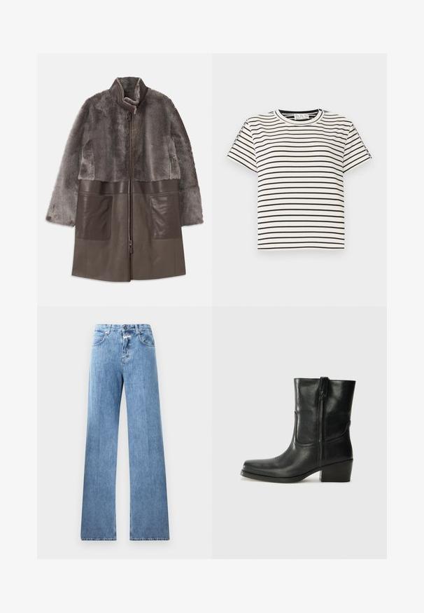 Brūnas mākslīgās kažokādas un ādas jaka ar rāvējslēdzēju, augstu apkakli un lielām priekšējām kabatām. Mīksta tekstūra un slāņota dizaina elementi.; Kokvilnas T-krekls īsām piedurknēm ar apaļu kakla izgriezumu, ar melnām vertikālām svītrām uz balta fona un taisnu griezumu.; Gaiši zili džinsi ar platām kājām, pieci kabatas, jostu cilpas un pogu aizdare. Audumam ir gluda tekstūra.; Melna ādas potīte ar noapaļotu purngalu, bloku papēdi, sānu rāvējslēdzēju un šuvju akcentiem uz virsmas. Gluda tekstūra, klasiskā dizaina.