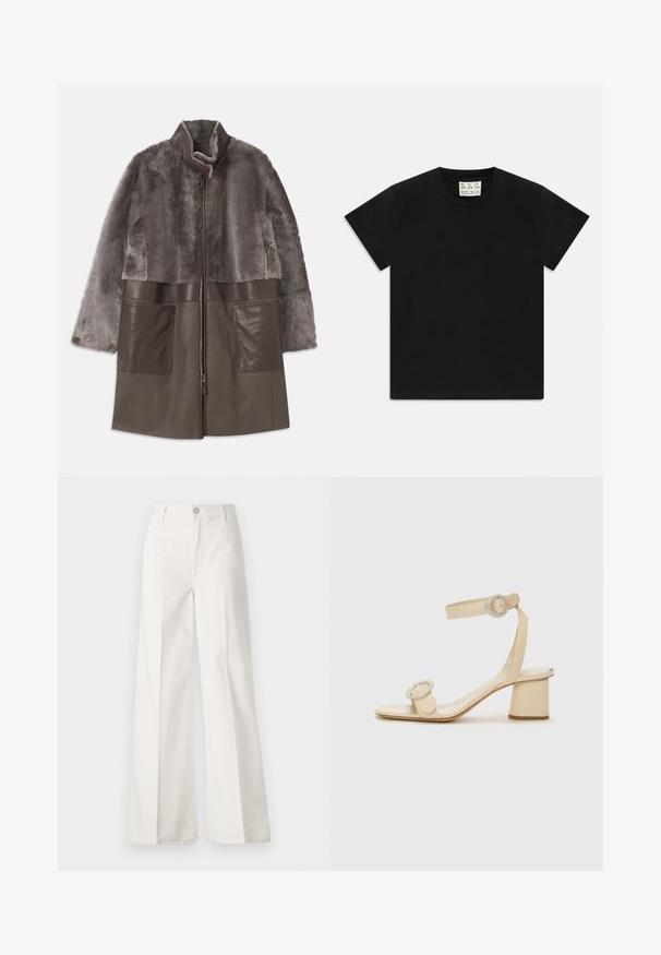 Brązowa kurtka z sztucznego futra i skóry, z zamkiem błyskawicznym, wysokim kołnierzem oraz dużymi przednimi kieszeniami. Miękka tekstura i warstwowy design.; Czarny t-shirt z krótkim rękawem i okrągłym dekoltem, z białą metką wewnątrz kołnierza oznaczoną "D.R.C. EST. 2002" na białym tle.; Białe spodnie typu wide-leg wykonane z bawełny o gładkiej fakturze. Posiadają zapięcie na guzik z przodu, zamek błyskawiczny oraz cztery kieszenie.; Beżowe sandały na obcasie o minimalistycznym designie, z dwoma okrągłymi akcentami i szerokim obcasem. Wykonane z gładkiej skóry.