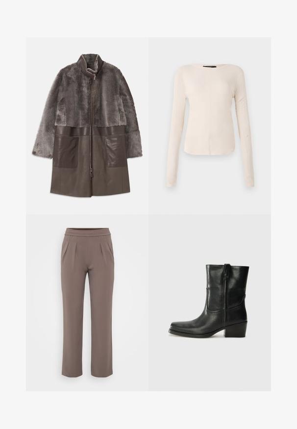 Ruda dirbtinė kailinė ir odinė striukė su užtrauktuku, aukšta apykakle ir didelėmis priekinėmis kišenėmis. Minkšta tekstūra ir sluoksniuota konstrukcija.; Ilgesnių rankovių, šviesiai bežinis viršus su apvaliu iškirpimu. Pagamintas iš minkštos medžiagos, turi centrinę siūlę ir šiek tiek kreivą apatinių kraštų liniją. Matomų detalių nėra.; Smėlinės laisvo kirpimo kelnės su elastinga juosmens juostele ir priekine klostele, pagamintos iš lygaus audinio.; Juodi odiniai aulinukai iki kulkšnies su apvali nosimi, blokuotais kulnais, šonine užtrauktuku ir siuvimo akcentais ant viršutinės dalies. Lygi tekstūra, klasikinis dizainas.