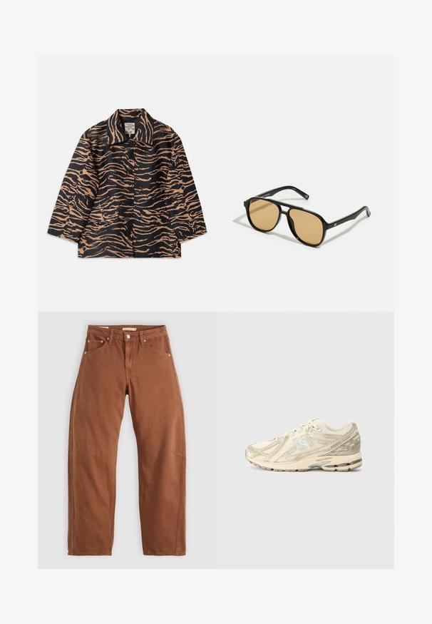 Tigerimustriga mantel mustas ja beežis kangas, millel on krae, nööbiga esisulg ja kaks esikot. ; Valge pika varrukaga T-särk, millel on graafiline trükk, mis sisaldab must-valgeid pilte ja roosa teksti, sealhulgas sõna "STIEGLITZ" ja korduvaid fraase varrukatel.; Rostpruun sirged püksid ees- ja taga-taskutega, metallist nurgad, nööbiga sulgemine ja vööloopidega, lamades tasaseks valgel taustal.; Beige spordijalatsid, millel on võrknupp, minimaalsed aktsendid, tekstureeritud tallad ja peen 'N' logo külgedel. Kerge disain mugavuse tagamiseks.; Mustad pruunide läätsedega mustad prillid; ristkülikukujuline kuju paksu raamiga, sealhulgas peened metallist aksessuaarid templites.; Must musta käekott, millel on kumer kuju, üks rihm, lukuga sulgemine ja peen brändimine esiküljel. Sile tekstuur, minimalistlik disain.