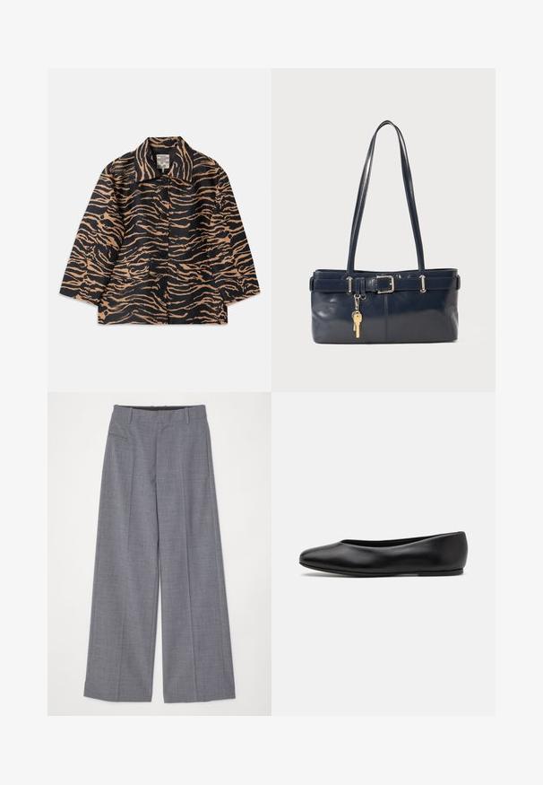 Kabát s tygrovaným vzorem v černé a béžové barvě, s límcem, zapínáním na knoflíky a dvěma předními kapsami.; Černý dlouhý rukáv rolák vyrobený z hladkého materiálu, s volánkovým límcem a přiléhavým střihem s jednoduchými okraji.; MM6 Maison Margiela PANTS - Kalhoty - grey melange; Paul Smith TOPANGA - Klasické baleríny - black; Námořnická kožená kabelka s dvěma dlouhými uchy, detaily s přezkou a připevněným klíčenkou. Vyznačuje se hladkým povrchem a obdélníkovým tvarem.