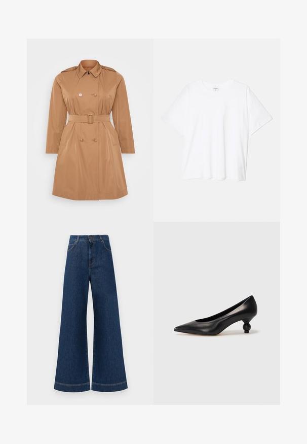 Beżowy trench coat z podwójnym zapięciem, ramiennymi pagonami, paskiem w talii i bocznymi kieszeniami. Gładki, wodoodporny materiał.; Biała bawełniana koszulka z krótkim rękawem, okrągłym dekoltem, luźnym krojem i przeszytym brzegiem. Metka widoczna wewnątrz dekoltu.; Szerokie dżinsy w kolorze niebieskim z wysokim stanem, z zapięciem na guzik, szlufkami na pasek oraz subtelnymi detalami stębnowania wzdłuż kieszeni i brzegów.; Czarna skórzana szpilka z ostrym czubkiem i okrągłym, kulistym obcasem. Gładka tekstura z eleganckim, minimalistycznym wzornictwem.